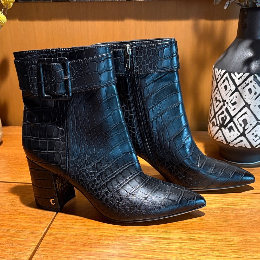 New Circus Sam Edelman Hardee ankle boot black embossed block heel side zip 9.5
